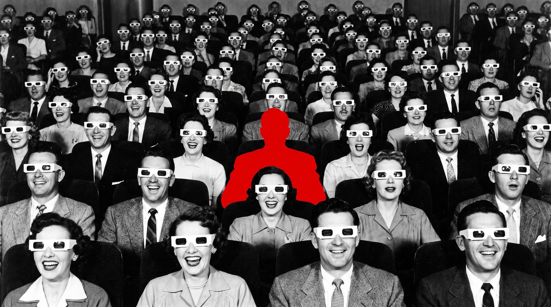 A black-and-white cinema audience in 3D glasses, with one seat shown in red